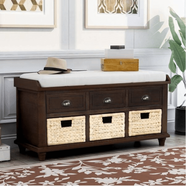 42.1 in. L x 15.4 in. W x 18.7 in. H Rustic Espresso Brown Storage Bench with 3-Drawers and 3-Rattan Baskets