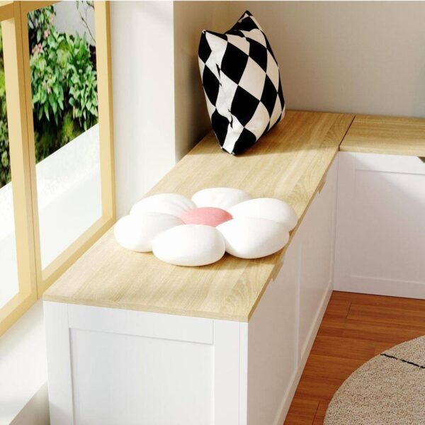 White and Wood Grain L-Shaped Dining Storage Bench, Breakfast Nook Seating without Back with 2 Compartments, 63 in. W